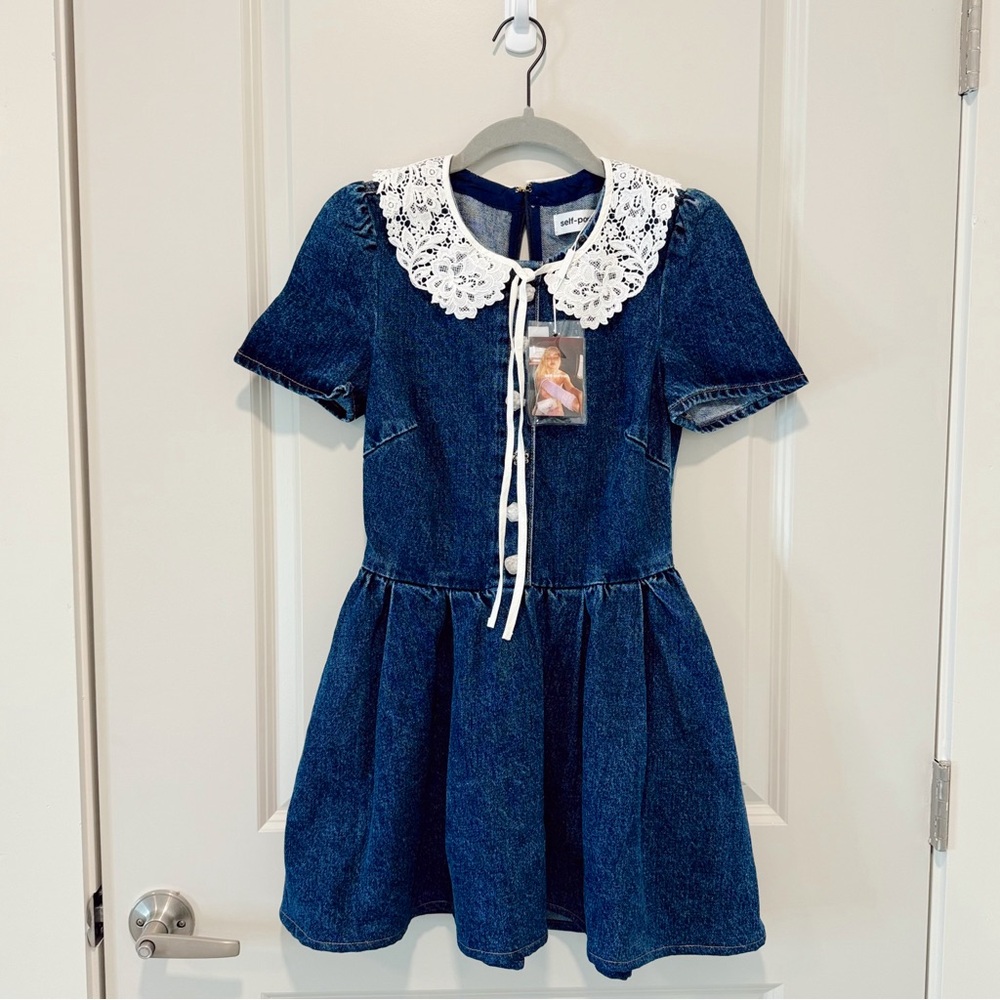 Self Portrait Lace Collar Denim Mini Dress UK 6 US 2 NEW WITH TAGS